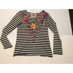 JWLA Johnny Was Los Angeles Top Womens XS Green Striped Floral Embroidered Shirt